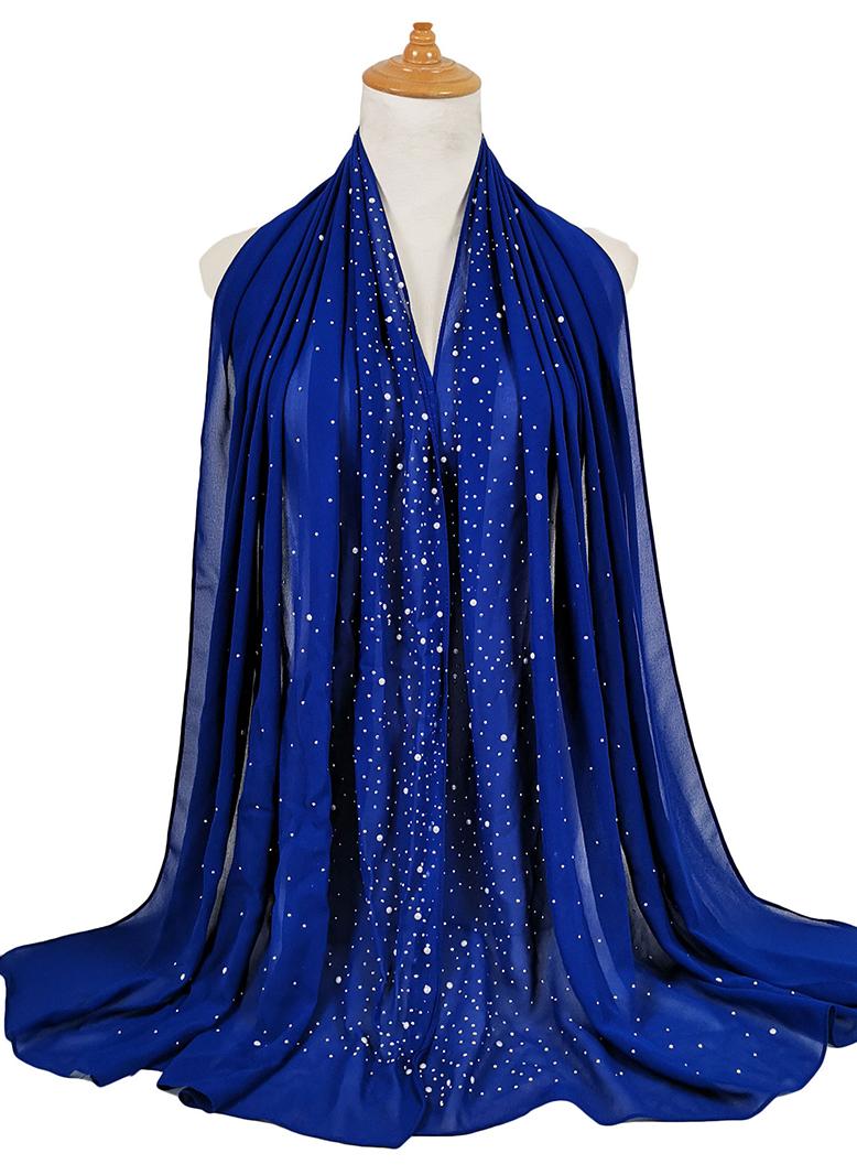 Generic - Dignified style Solid color Bead Headscarf Blue - Image 1