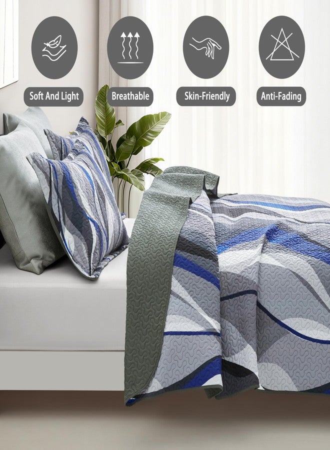 weesire Classic Line Pattern Bedding Quilt King Size Modern Grey Blue and White Stripe Quilt with 2 Shams, Gray and Blue Comforter Sets Lightweight Breathable Bedspreads Coverlet, 96''x106'' - Image 3