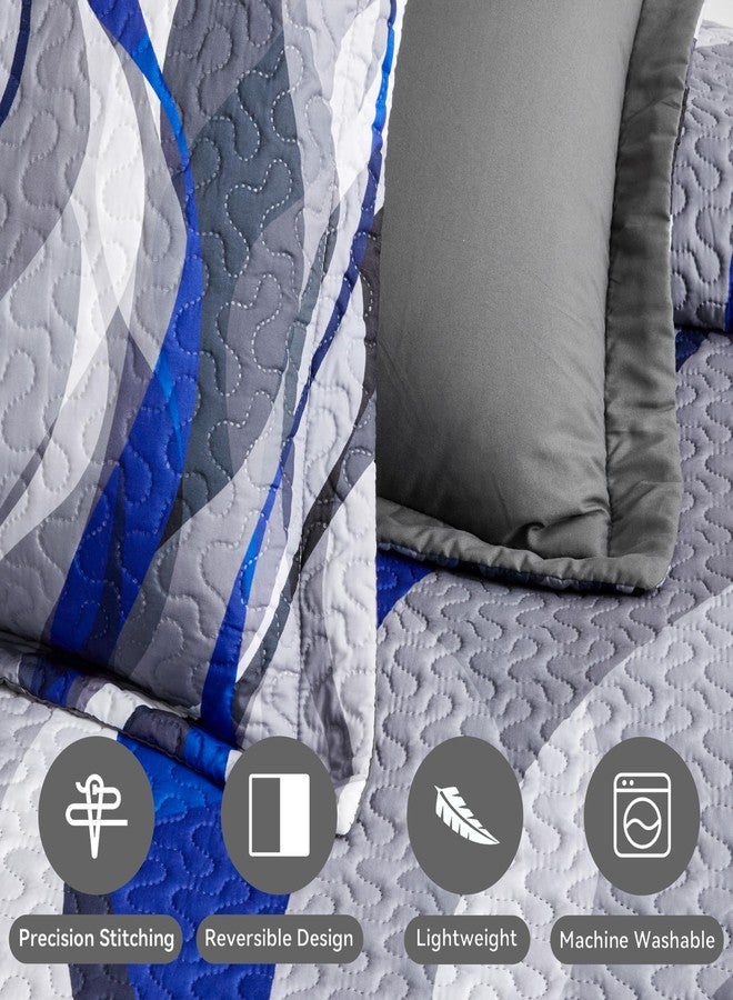 weesire Classic Line Pattern Bedding Quilt King Size Modern Grey Blue and White Stripe Quilt with 2 Shams, Gray and Blue Comforter Sets Lightweight Breathable Bedspreads Coverlet, 96''x106'' - Image 5