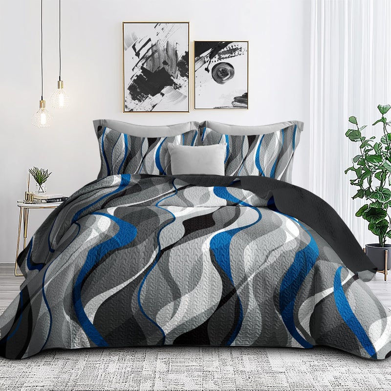 weesire Classic Line Pattern Bedding Quilt King Size Modern Grey Blue and White Stripe Quilt with 2 Shams, Gray and Blue Comforter Sets Lightweight Breathable Bedspreads Coverlet, 96''x106'' - Image 1