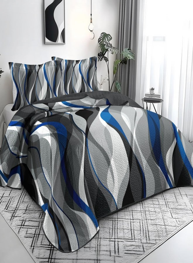 weesire Classic Line Pattern Bedding Quilt King Size Modern Grey Blue and White Stripe Quilt with 2 Shams, Gray and Blue Comforter Sets Lightweight Breathable Bedspreads Coverlet, 96''x106'' - Image 2