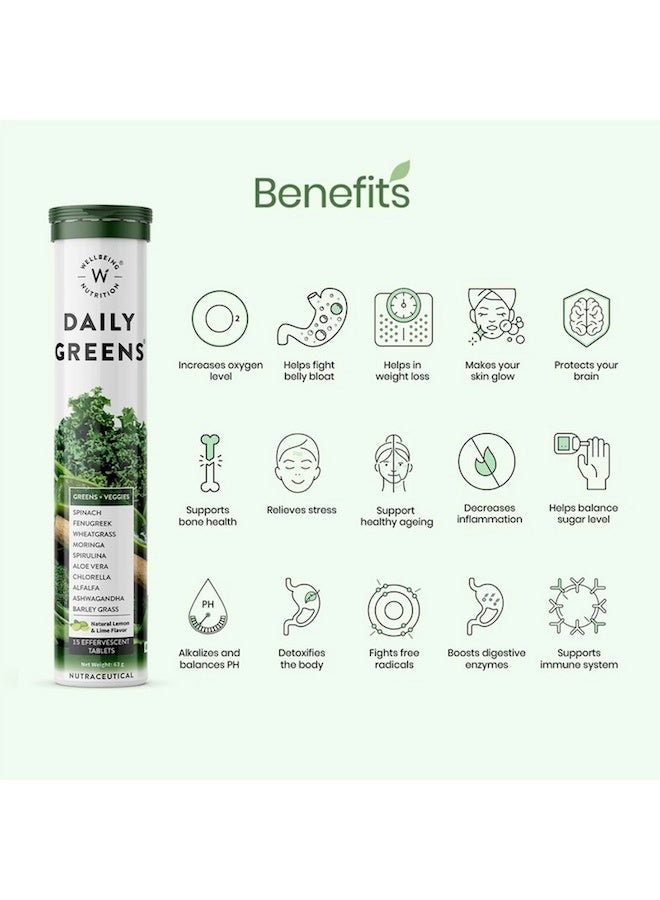 WELLBEING NUTRITION Daily Greens (15 Effervescent Tablets) | Wholefood Multivitamins with Vitamin C, Zinc, B6 for Immunity & Detox with Organic Certified Plant Superfoods & Antioxidants - Pack of 1 - Image 2