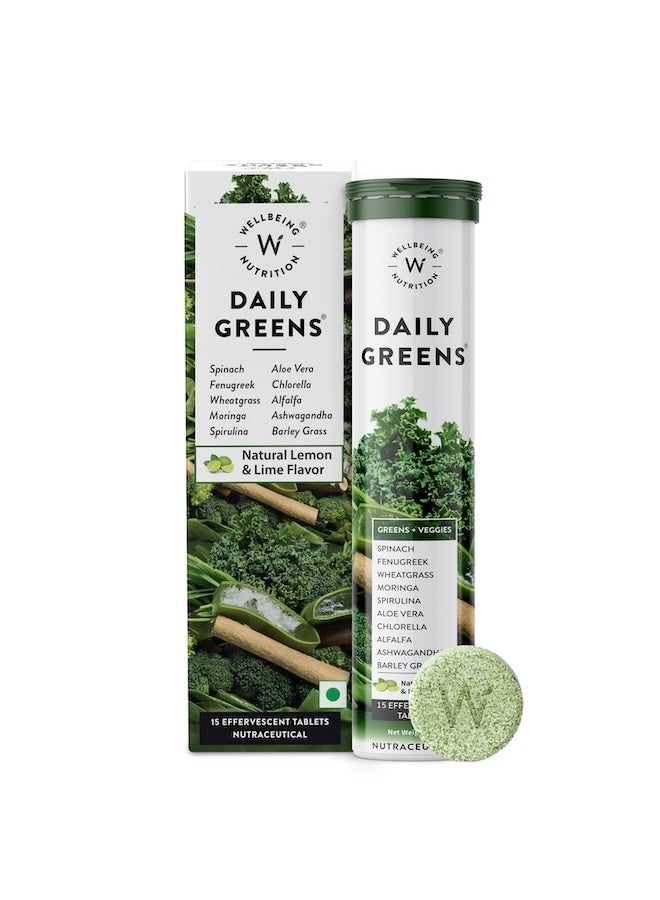 WELLBEING NUTRITION Daily Greens (15 Effervescent Tablets) | Wholefood Multivitamins with Vitamin C, Zinc, B6 for Immunity & Detox with Organic Certified Plant Superfoods & Antioxidants - Pack of 1 - Image 1