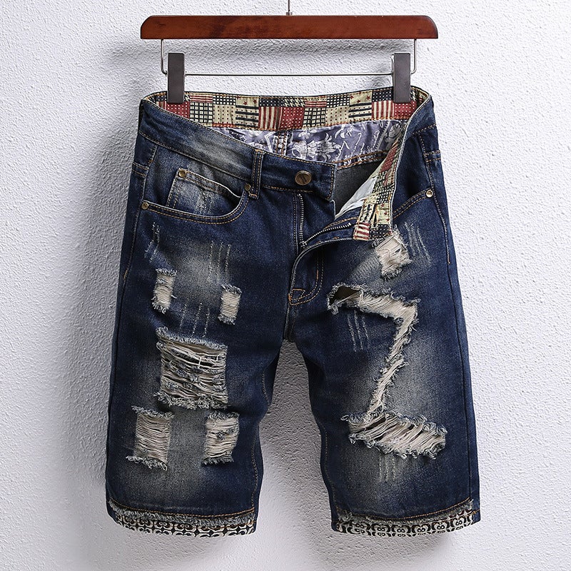 Generic Ripped Patch Five-point Jeans Mens 2022 Summer Fashion Personalized Trendy Shorts All-match Breeches Cross-border 788 blue - Image 5