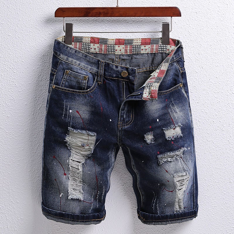 Generic Ripped Patch Five-point Jeans Mens 2022 Summer Fashion Personalized Trendy Shorts All-match Breeches Cross-border 788 blue - Image 1