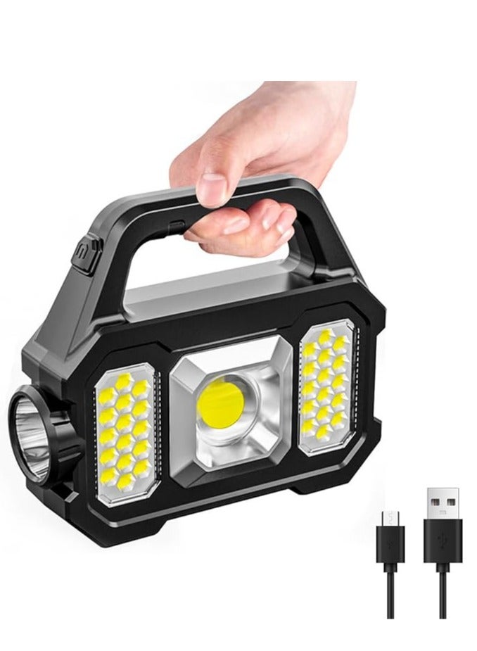 Solar Handheld Flashlight with USB Cable, 6 Modes Rechargeable Multifunction Lights Super Bright LED Searchlight, Lightweight Waterproof Portable Spotlight for Outdoor Camping Emergencies - Image 1