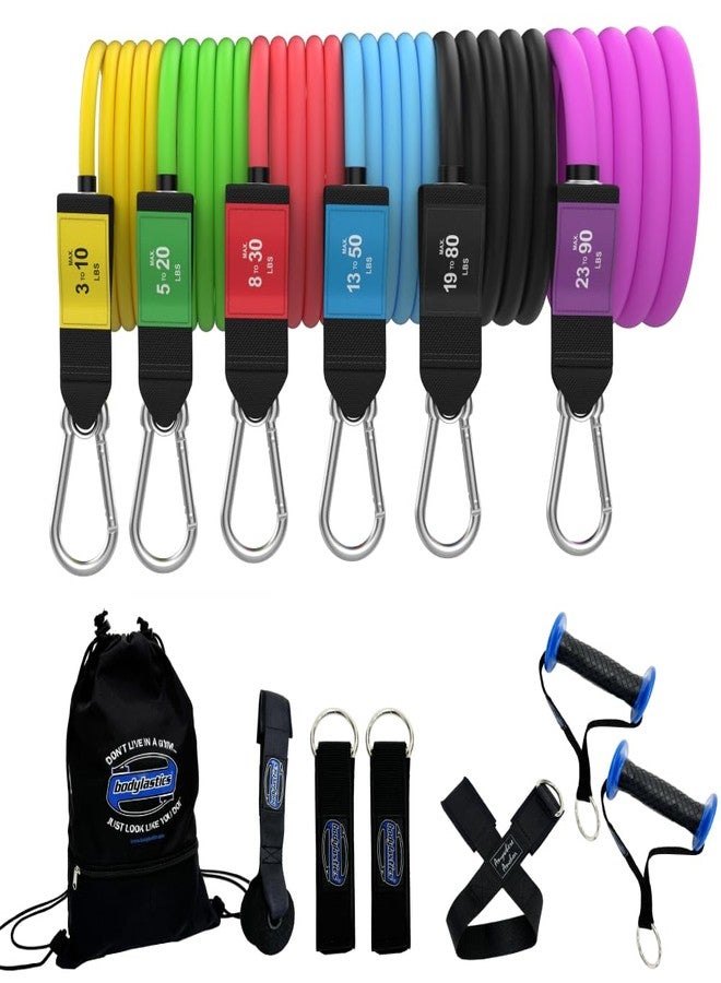 Bodylastics Resistance Band Set, 6 Resistance Bands for Working Out, Exercise Bands with Handles & Gym Ankle Straps, Stackable Workout Bands, Up to 142 lbs, Patented Clips & Snap Reduction Tech - Image 1
