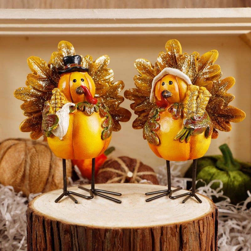 YOFIT Thanksgiving Turkey Figurine Set of 2 Resin Turkey Fall Tabletop Decorations Standing Turkey Couple Harvest Decor for Home Table Kitchen