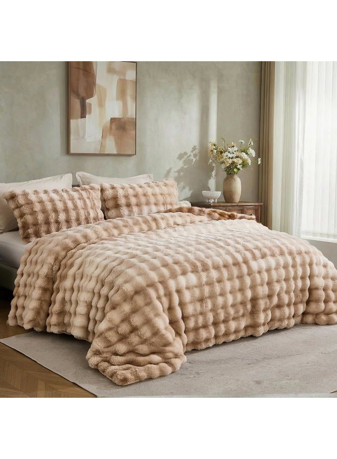 Bedbay Plush Rabbit Faux Fur Comforter Set Queen Size Tie Dyed Brown Comforter Bed Set Luxury 3 Pieces Warm Shaggy Winter Comforter Queen Size Soft Bubble Bedding Comforter Set for Teen Adults - Image 2