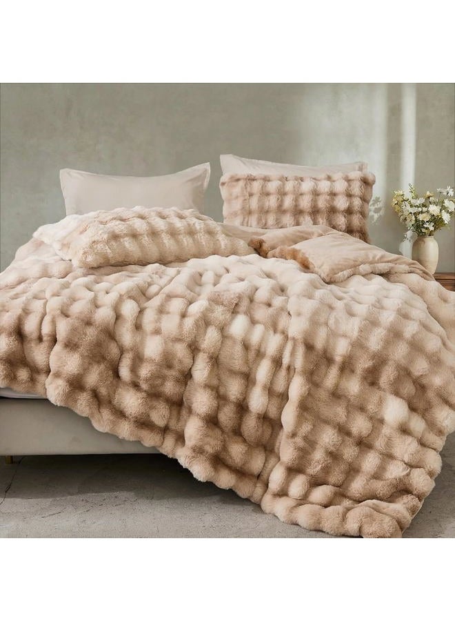 Bedbay Plush Rabbit Faux Fur Comforter Set Queen Size Tie Dyed Brown Comforter Bed Set Luxury 3 Pieces Warm Shaggy Winter Comforter Queen Size Soft Bubble Bedding Comforter Set for Teen Adults - Image 4