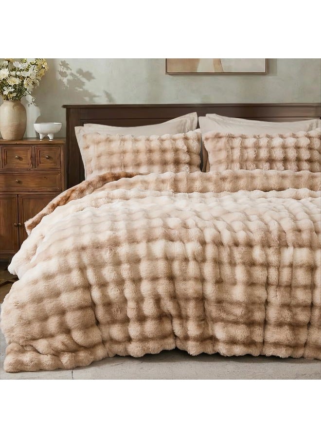 Bedbay Plush Rabbit Faux Fur Comforter Set Queen Size Tie Dyed Brown Comforter Bed Set Luxury 3 Pieces Warm Shaggy Winter Comforter Queen Size Soft Bubble Bedding Comforter Set for Teen Adults - Image 1