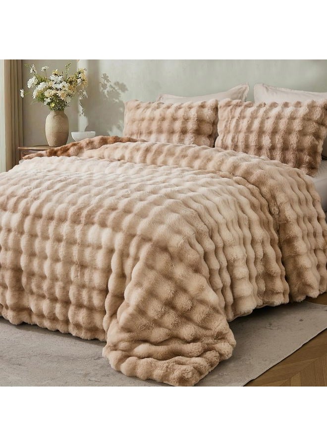 Bedbay Plush Rabbit Faux Fur Comforter Set Queen Size Tie Dyed Brown Comforter Bed Set Luxury 3 Pieces Warm Shaggy Winter Comforter Queen Size Soft Bubble Bedding Comforter Set for Teen Adults - Image 5