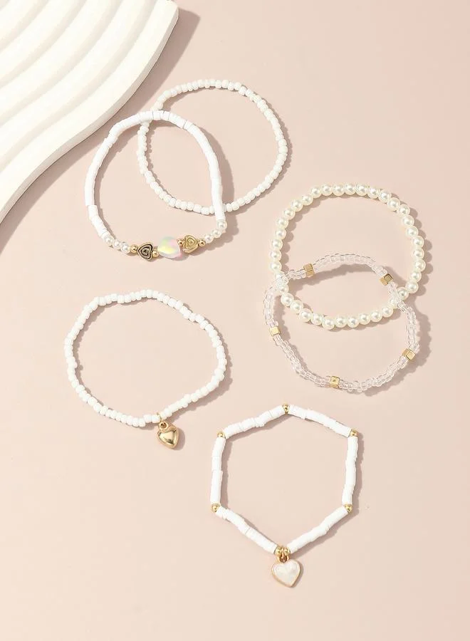 Take Two Pack of 6 - Girls White Beaded and Pearl Bracelets with Heart Charm