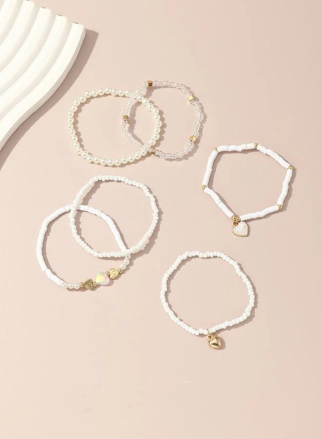 Take Two Pack of 6 - Girls White Beaded and Pearl Bracelets with Heart Charm