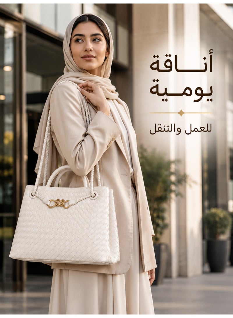 آه آه حقيبة كتف نسائية بتصميم منسوج، جلد صناعي ناعم مع تفاصيل فيونكة، حقيبة يومية متوسطة الحجم للعمل والتسوق والسفر، لون أوف وايت - Image 2