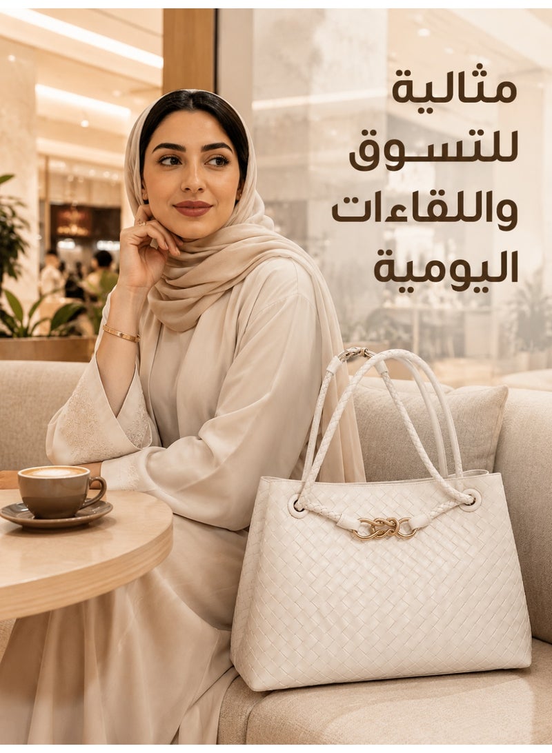 آه آه حقيبة كتف نسائية بتصميم منسوج، جلد صناعي ناعم مع تفاصيل فيونكة، حقيبة يومية متوسطة الحجم للعمل والتسوق والسفر، لون أوف وايت - Image 5