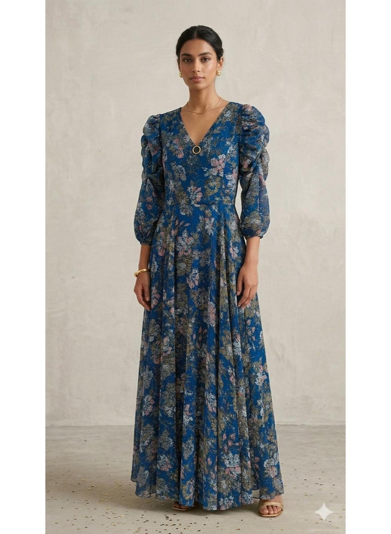 Women's Blue Floral Print V-Neck Long Sleeve Maxi Gown
