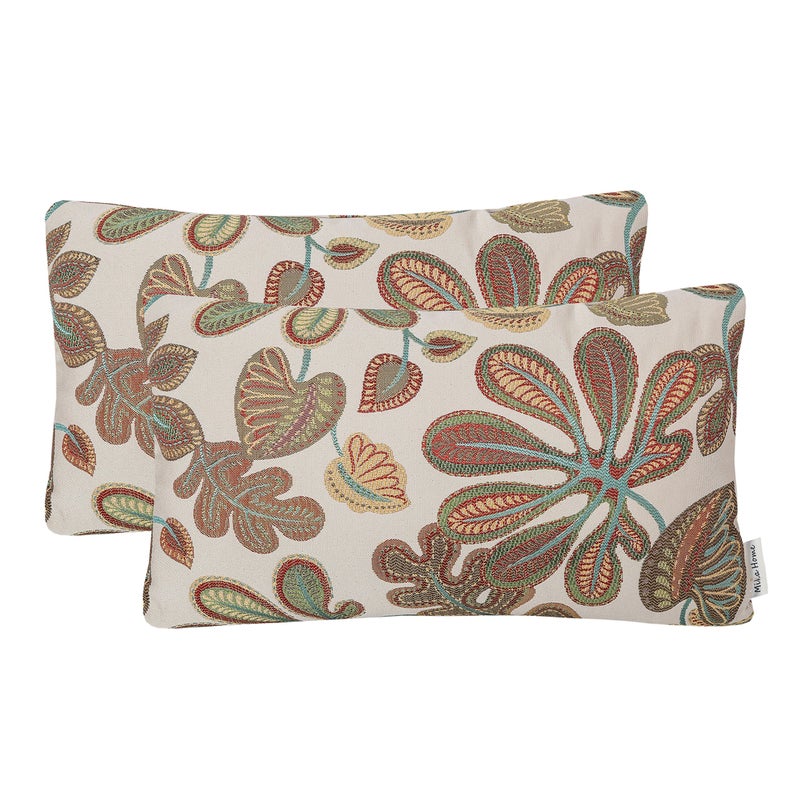 Mika Home Set of 2 Jacquard Tropical Leaf Pattern Oblong Throw Pillow Covers Accent Pillowcase 12X20 InchesTeal Cream
