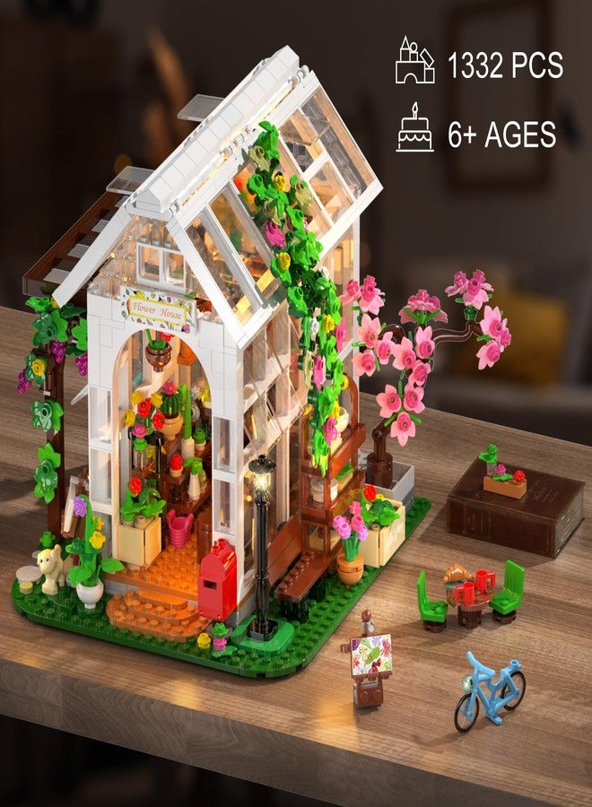 Hogokids مجموعة بناء منزل الزهور من هوجوكيدز مع ضوء LED - 1332 قطعة لعبة بناء منزل حديقة مع زهور ونباتات مزروعة وببغاء وقطط وحيوانات مجموعة لعب نموذج دفيئة هدية عيد الميلاد للبالغين والمراهقين والفتيات من عمر 8 سنوات فما فوق - Image 4