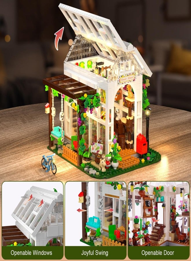 Hogokids مجموعة بناء منزل الزهور من هوجوكيدز مع ضوء LED - 1332 قطعة لعبة بناء منزل حديقة مع زهور ونباتات مزروعة وببغاء وقطط وحيوانات مجموعة لعب نموذج دفيئة هدية عيد الميلاد للبالغين والمراهقين والفتيات من عمر 8 سنوات فما فوق - Image 3