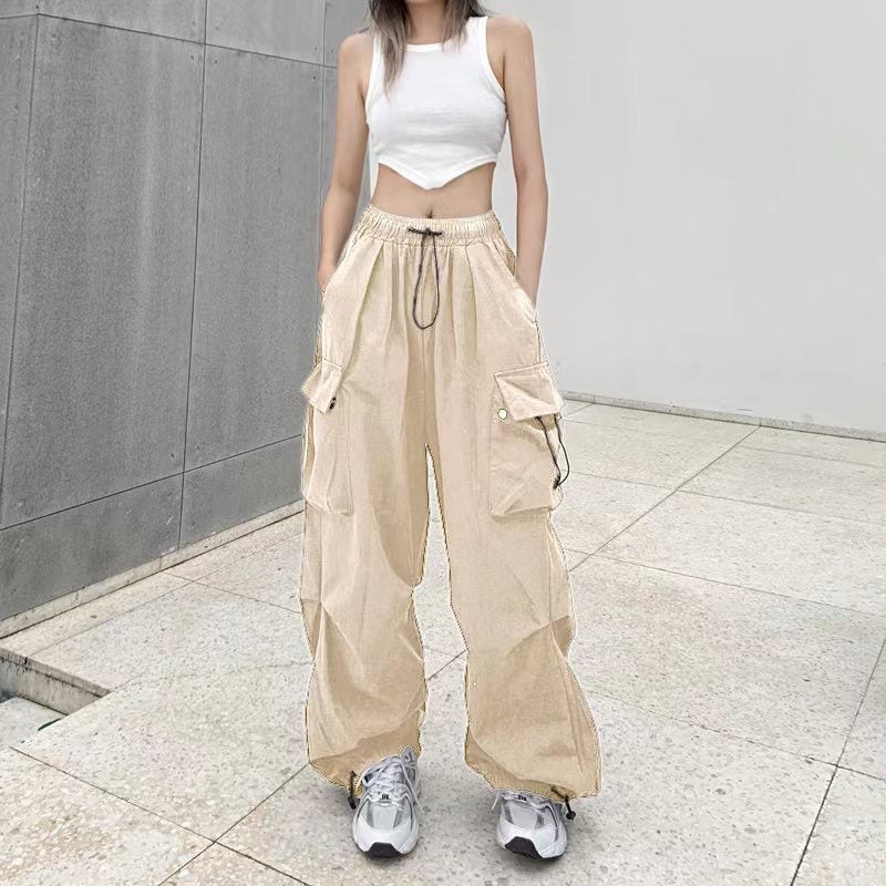 American retro workwear casual pants women's summer versatile straight draping ankle-tied trousers loose wide-leg pants ins - Image 1