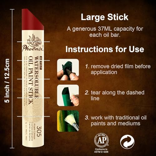 PHOENIX Professional Oil Paint Stick Water Soluable - Set of 6 Basic Colors 37ml Large Soft Oil Pastels with Knife, Portable Metal Tin Travel Set - Image 3