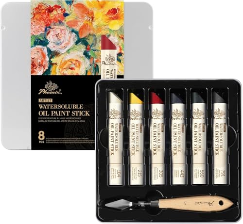 PHOENIX Professional Oil Paint Stick Water Soluable - Set of 6 Basic Colors 37ml Large Soft Oil Pastels with Knife, Portable Metal Tin Travel Set - Image 1