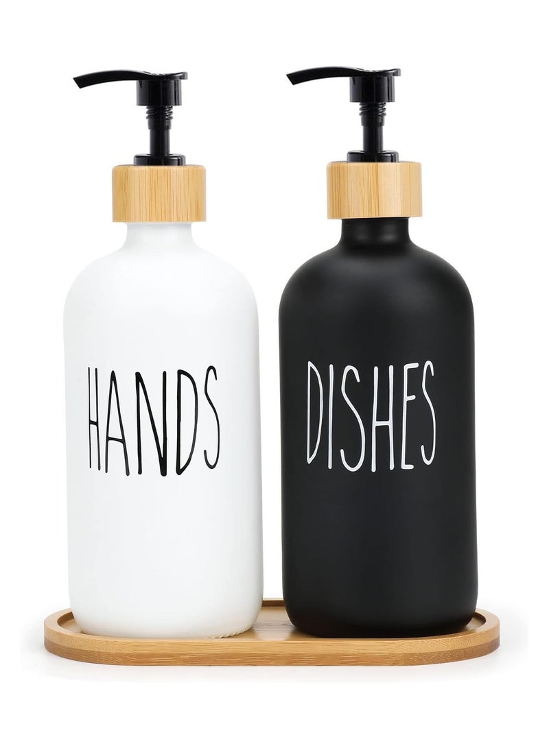 KITCHENOO Hand Soap Dispenser and Dish Soap Dispenser with Tray, Matte Black Soap Dispenser, Kitchen Soap Dispenser Set for Kitchen Decor (Black + White) - Image 1