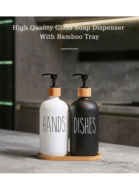 Bumdouy Glass Soap Dispenser Set – 17.6oz, 2 Pack With Bamboo Tray, Matte Black