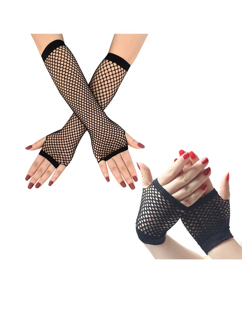 SUNSAR Black Long and Short Fishnet Gloves, 2 Pairs Fingerless Fishnet Gloves, Stretchy Mesh Retro Gloves for Women for Party Cosplay Accessories - Image 1