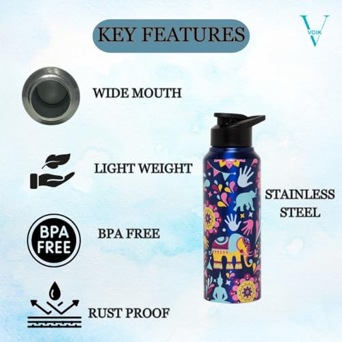 VOIK Mandana Stainless Steel Water Bottle | Sipper Bottle 750ML | Steel Water Bottle for Kids | Easy to Carry Stainless Steel Leak Proof | BPA Free & Non Toxic - Image 2