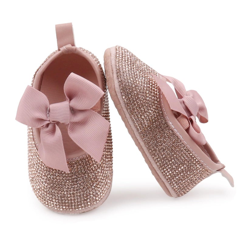 OAISNIT Baby Girls Mary Jane Flats Sparkly Bow Diamonds Princess Dress Shoes Anti-Slip Infant Crib Shoes(0-6 Months, G-DKPink) - Image 2