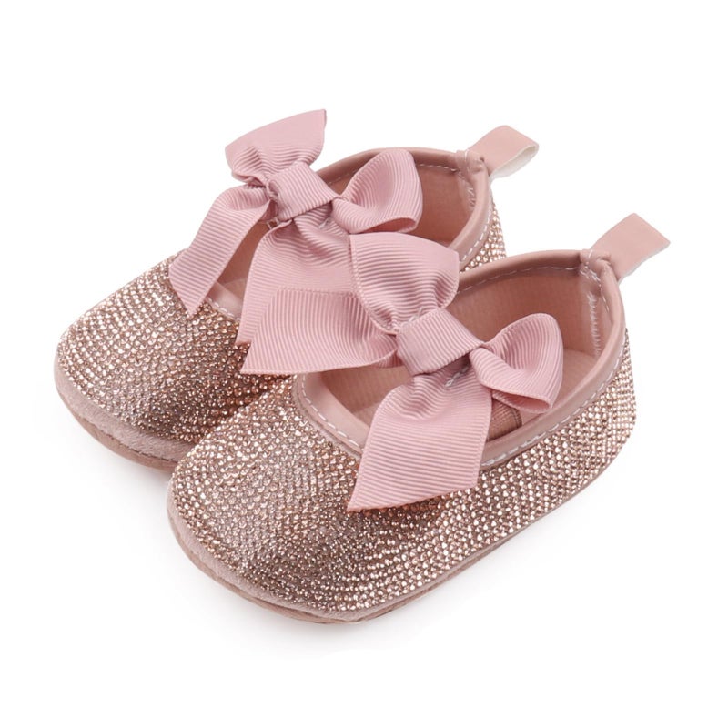 OAISNIT Baby Girls Mary Jane Flats Sparkly Bow Diamonds Princess Dress Shoes Anti-Slip Infant Crib Shoes(0-6 Months, G-DKPink) - Image 5