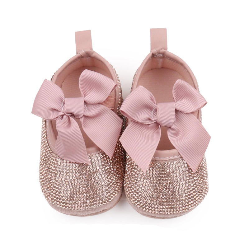 OAISNIT Baby Girls Mary Jane Flats Sparkly Bow Diamonds Princess Dress Shoes Anti-Slip Infant Crib Shoes(0-6 Months, G-DKPink) - Image 4