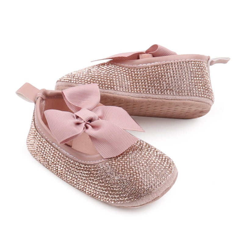 OAISNIT Baby Girls Mary Jane Flats Sparkly Bow Diamonds Princess Dress Shoes Anti-Slip Infant Crib Shoes(0-6 Months, G-DKPink) - Image 3