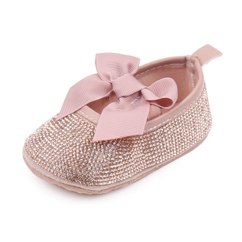 OAISNIT Baby Girls Mary Jane Flats Sparkly Bow Diamonds Princess Dress Shoes Anti-Slip Infant Crib Shoes(0-6 Months, G-DKPink) - Image 1