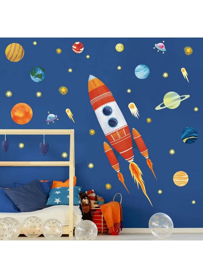 wondever - Rocket Wall Stickers Outer Space Planets Peel And Stick Wall Art Decals For Baby Nursery Kids Bedroom Playroom (H:40 Inches) - Image 1