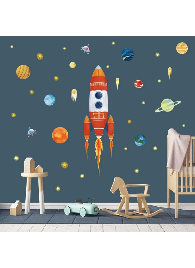 wondever - Rocket Wall Stickers Outer Space Planets Peel And Stick Wall Art Decals For Baby Nursery Kids Bedroom Playroom (H:40 Inches) - Image 1
