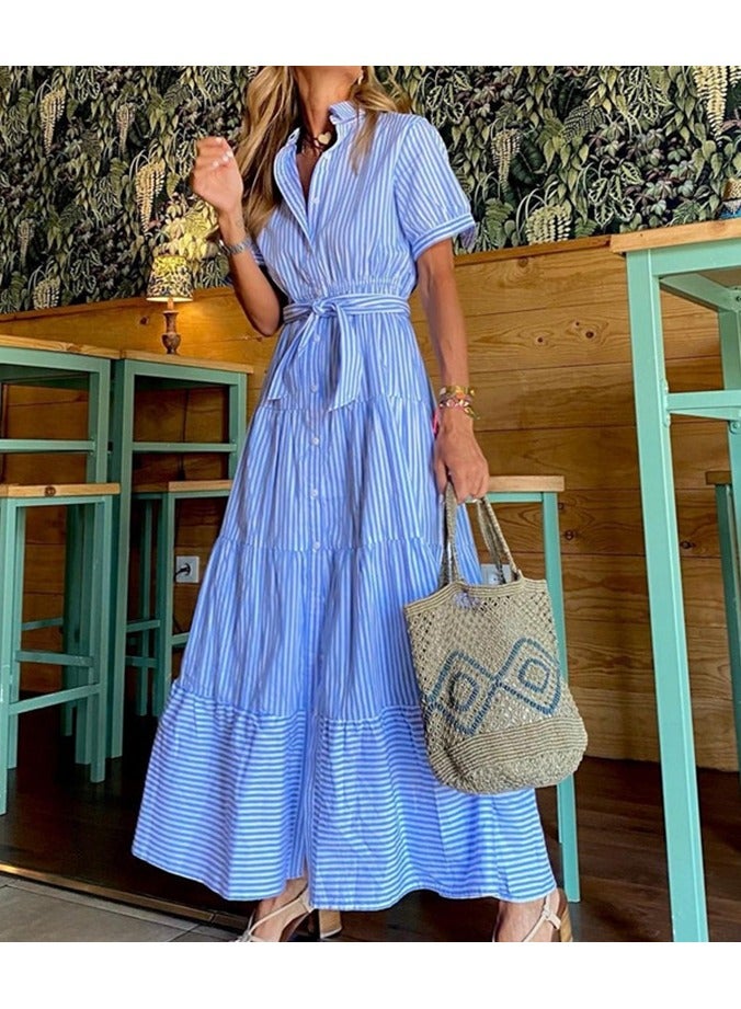 Shougu New Fashionable Striped Short Sleeved Loose Mid Length Dress  - Image 1