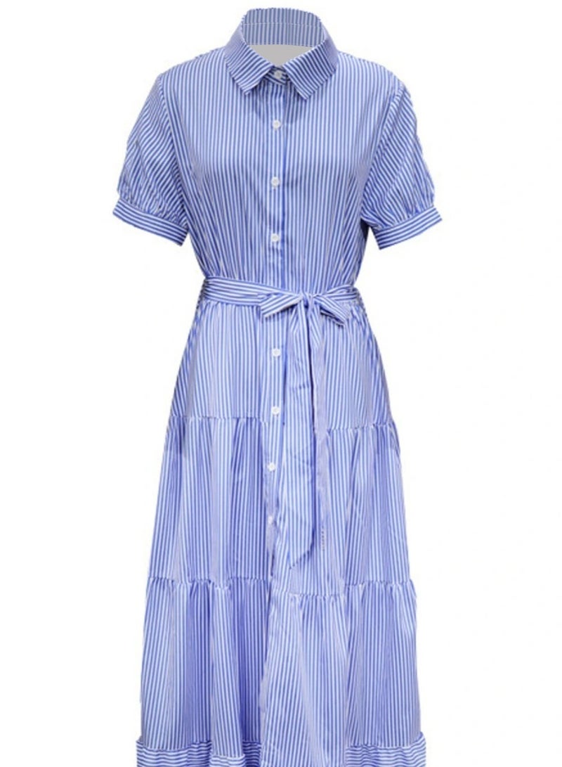 Shougu New Fashionable Striped Short Sleeved Loose Mid Length Dress  - Image 2