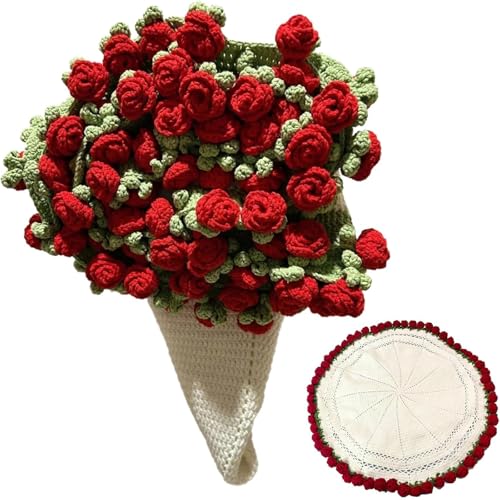 SUVEUS Crochet Flower Bouquet Throw Blanket, 43'' Handmade Knitted Blanket with Rose Flowers, Gift for Women on Birthday Mother’s Day Valentine's Day Anniversary (Red) - Image 1