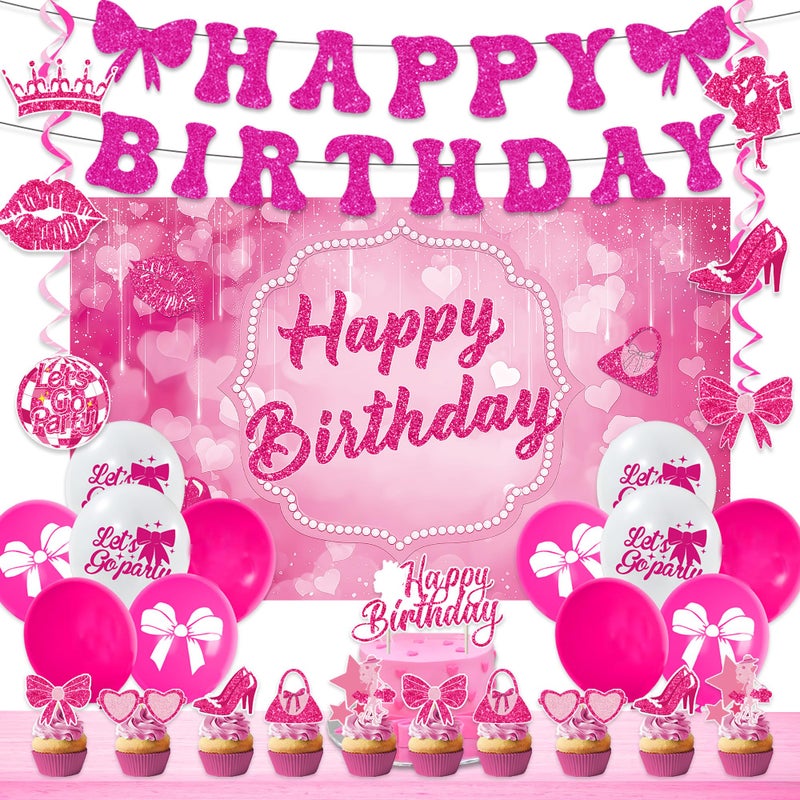 Roetyce Hot Pink Birthday Decorations for Girls Pink Glitter Happy Birthday Banner Backdrop Balloons Hanging Swirls Cake Topper Kit Women Kids Bday Photo Background
