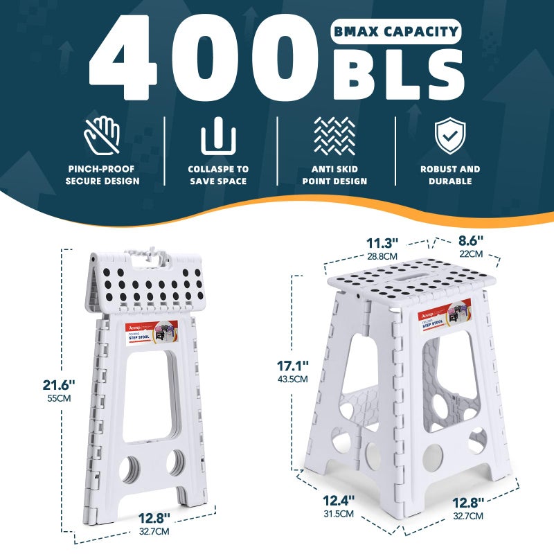 ACSTEP Folding Step Stool 17.5 Inch Heavy Duty Step Stool Foldable for Adults and Kids, Collapsible Stepping Stool with Handle, Non Slip Folding Stools for Kitchen Hold Up to 400lbs (White 1PC) - Image 2