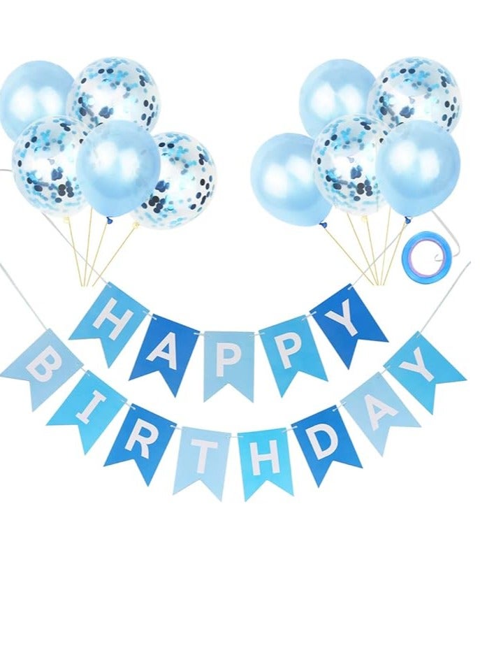 Raycity Happy Birthday Banner, Happy Birthday Banners with Blue Pink Latex Balloons Confetti Balloons, Blue Happy Birthday Bunting Banners for Girls Boys Any Ages Birthday Party Decoration - Image 1
