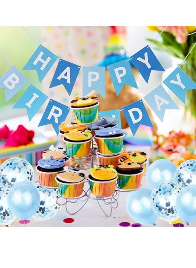 Raycity Happy Birthday Banner, Happy Birthday Banners with Blue Pink Latex Balloons Confetti Balloons, Blue Happy Birthday Bunting Banners for Girls Boys Any Ages Birthday Party Decoration - Image 4