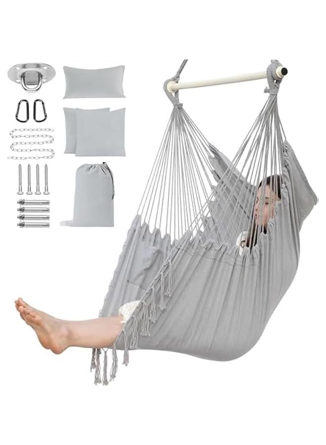 ميكسد كرسي ارجوحة معلق بشراشيب من تراسل، كرسي ارجوحة لغرفة النوم، بحد اقصى 500 باوند، للاستخدام الداخلي والخارجي، يتضمن وسادتين، حجم قماش كبير مع جيب، قضيب توزيع ستيل، اطقم ادوات وشنطة (رمادي) - Image 1