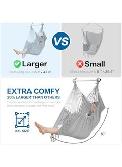 MIXDE Hanging Hammock Chair with Tassel, Bedroom Swing Chair, Max 500 Lbs, Indoor Outdoor, 2 Cushions Included, Large Fabric Size with Pocket, Steel Spreader Bar, Hardware Kits and Bag (Gray)  - Image 2