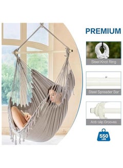 MIXDE Hanging Hammock Chair with Tassel, Bedroom Swing Chair, Max 500 Lbs, Indoor Outdoor, 2 Cushions Included, Large Fabric Size with Pocket, Steel Spreader Bar, Hardware Kits and Bag (Gray)  - Image 4