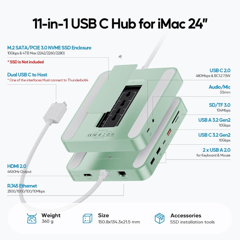 PULWTOP محور USB-C 11 في 1 لـ iMac 24 بوصة 2021 2023 2024 محطة إرساء USB تدعم M.2 SSD (غير مضمنة),ملحقات iMac M1 M3 M4,HDMI 4K,إيثرنت 2.5G,5 منافذ USB A/C 3.2 10 جيجابت في الثانية,SD/TF (أخضر-1) - Image 2
