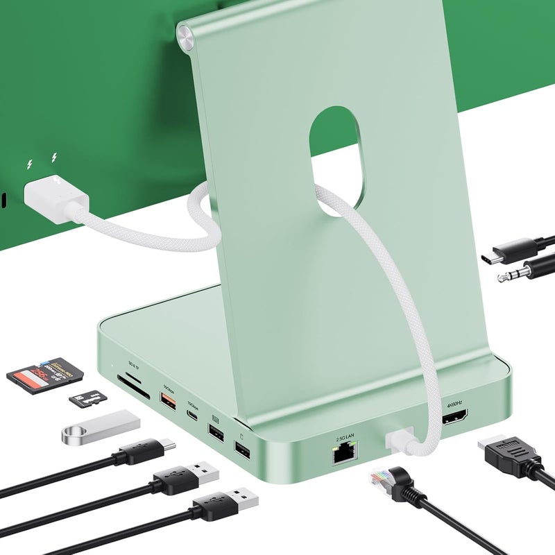 PULWTOP محور USB-C 11 في 1 لـ iMac 24 بوصة 2021 2023 2024 محطة إرساء USB تدعم M.2 SSD (غير مضمنة),ملحقات iMac M1 M3 M4,HDMI 4K,إيثرنت 2.5G,5 منافذ USB A/C 3.2 10 جيجابت في الثانية,SD/TF (أخضر-1) - Image 1